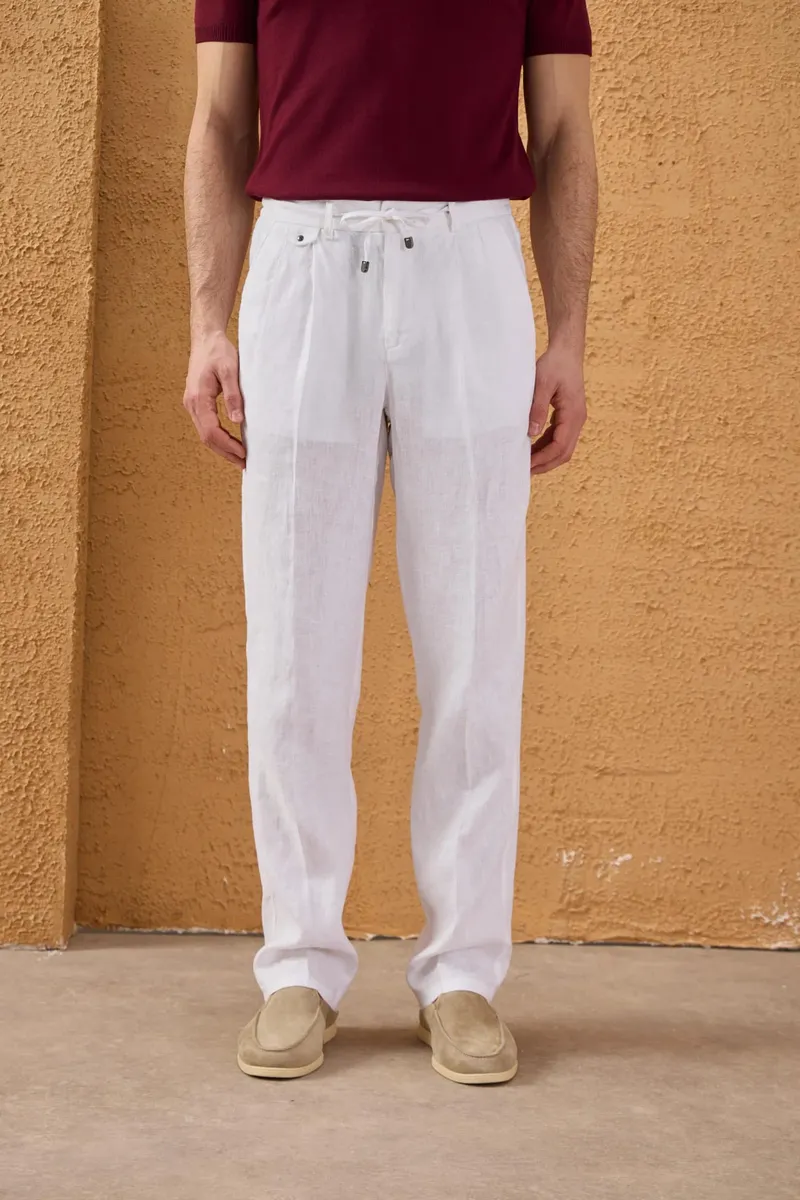 Pantaloni Albi din In cu Pliuri Duble 36