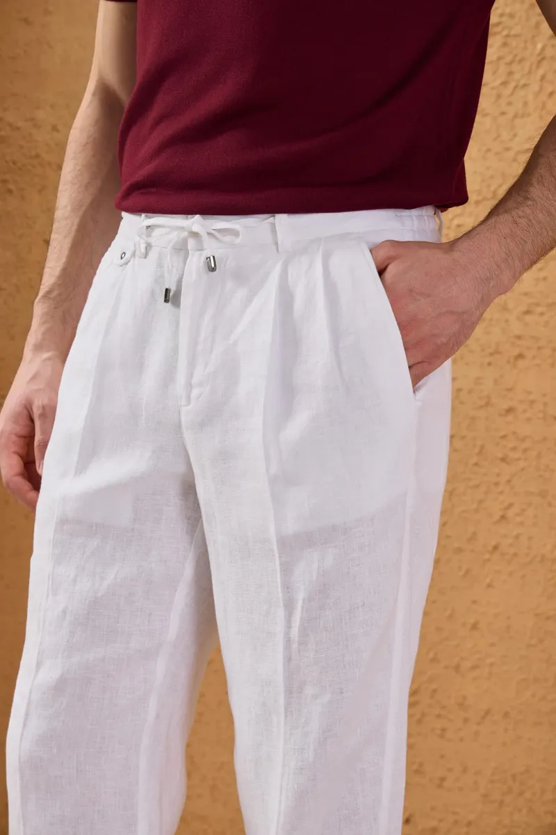 Pantaloni Albi din In cu Pliuri Duble 36 - imagine 2