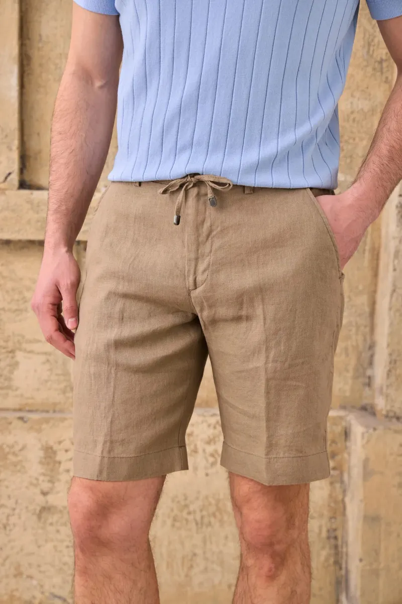 Pantaloni Scurți Maro din In cu Talie Elastică 31