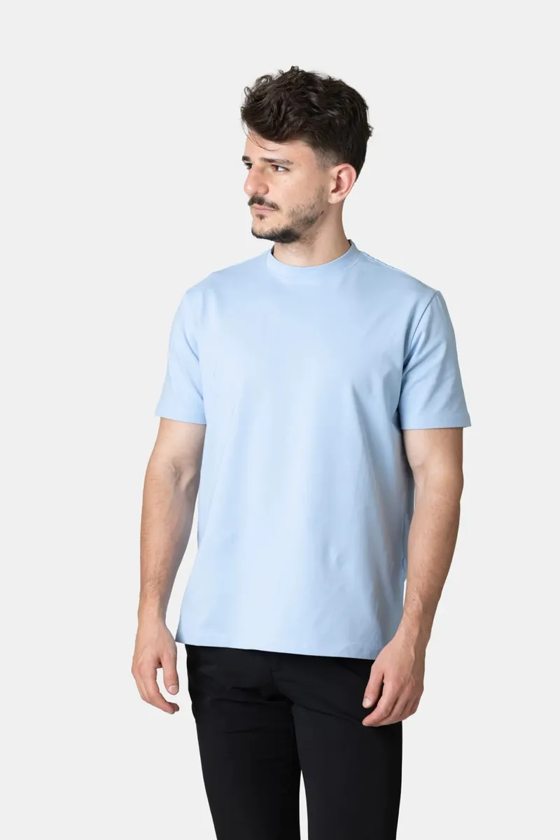 Tricou Basic din Bumbac Albastru Deschis XXL - imagine 2