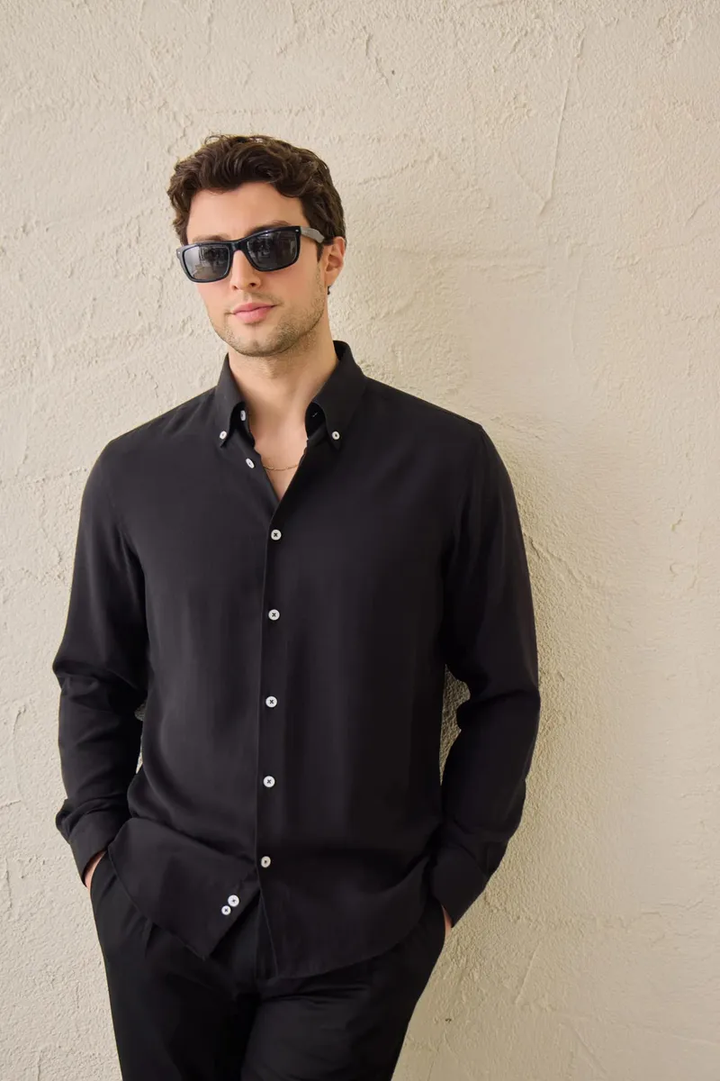 Cămașă Neagră Regular Fit din 100% Tencel pentru Bărbați L