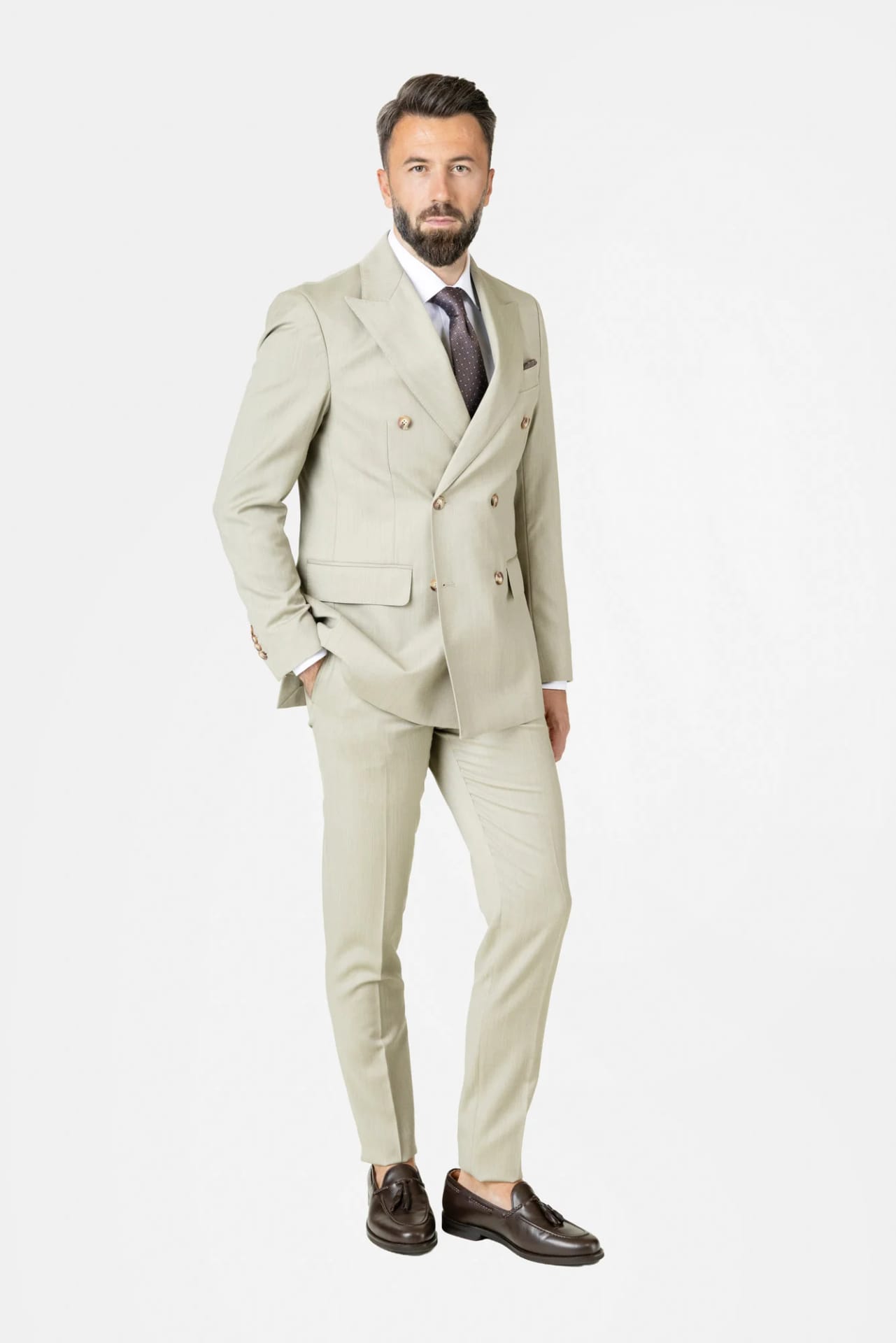 Costum Napoli Verde Oliv Double-Breasted din Lână 46
