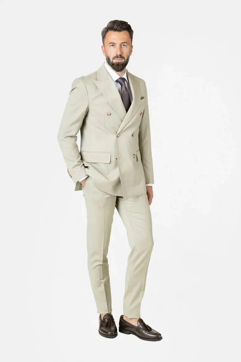 Costum Napoli Verde Oliv Double-Breasted din Lână 60
