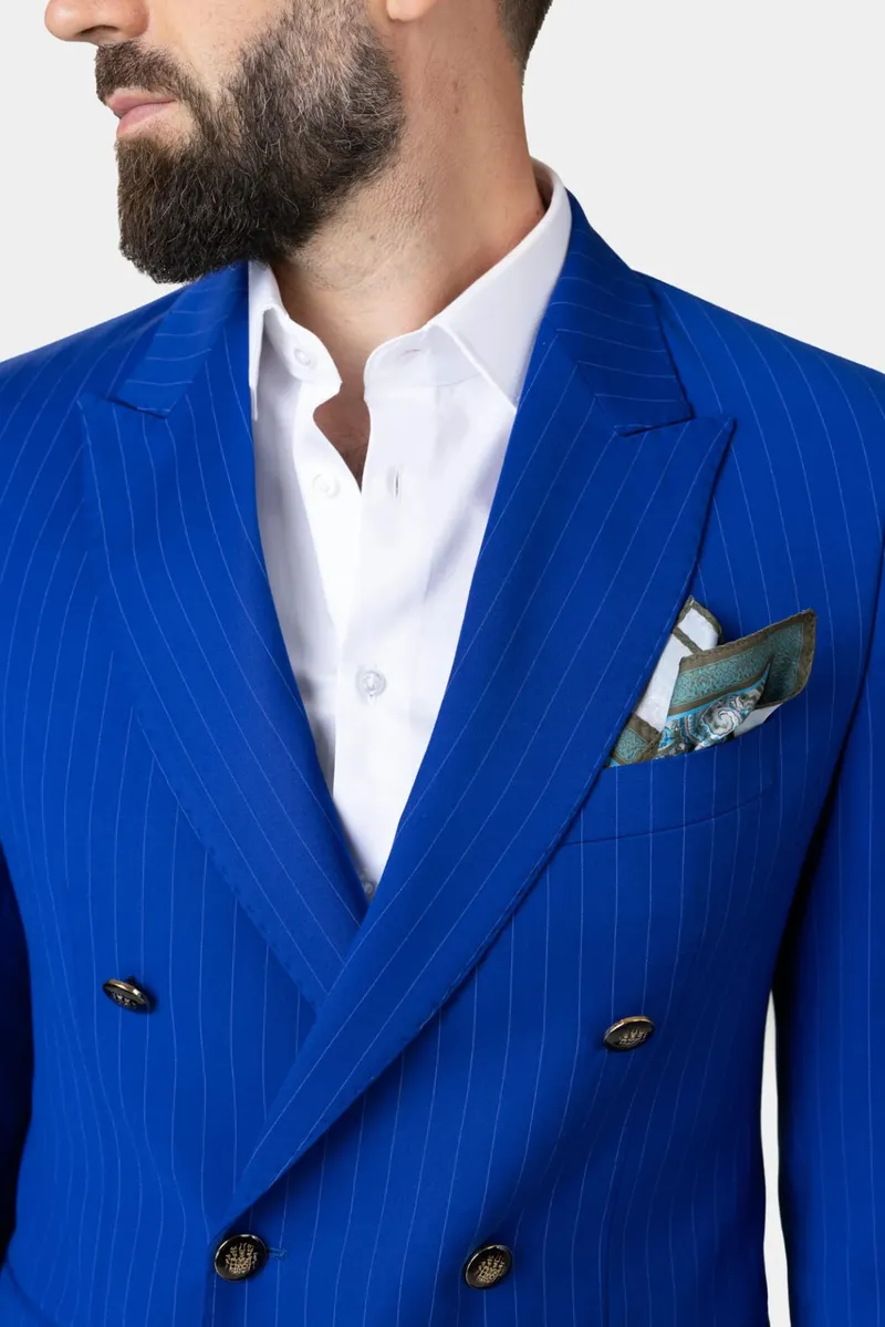 Costum Albastru Regal în Dungi Double-Breasted din Lână 54 - imagine 4