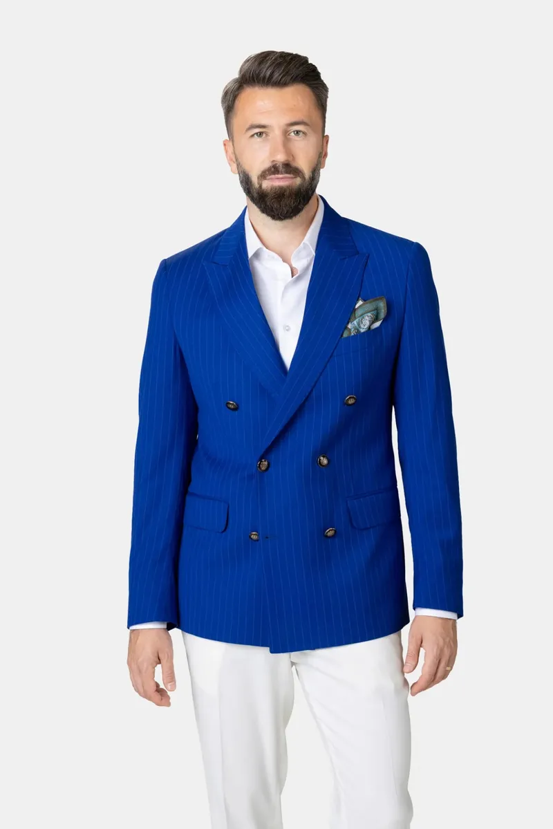 Costum Albastru Regal în Dungi Double-Breasted din Lână 54 - imagine 2