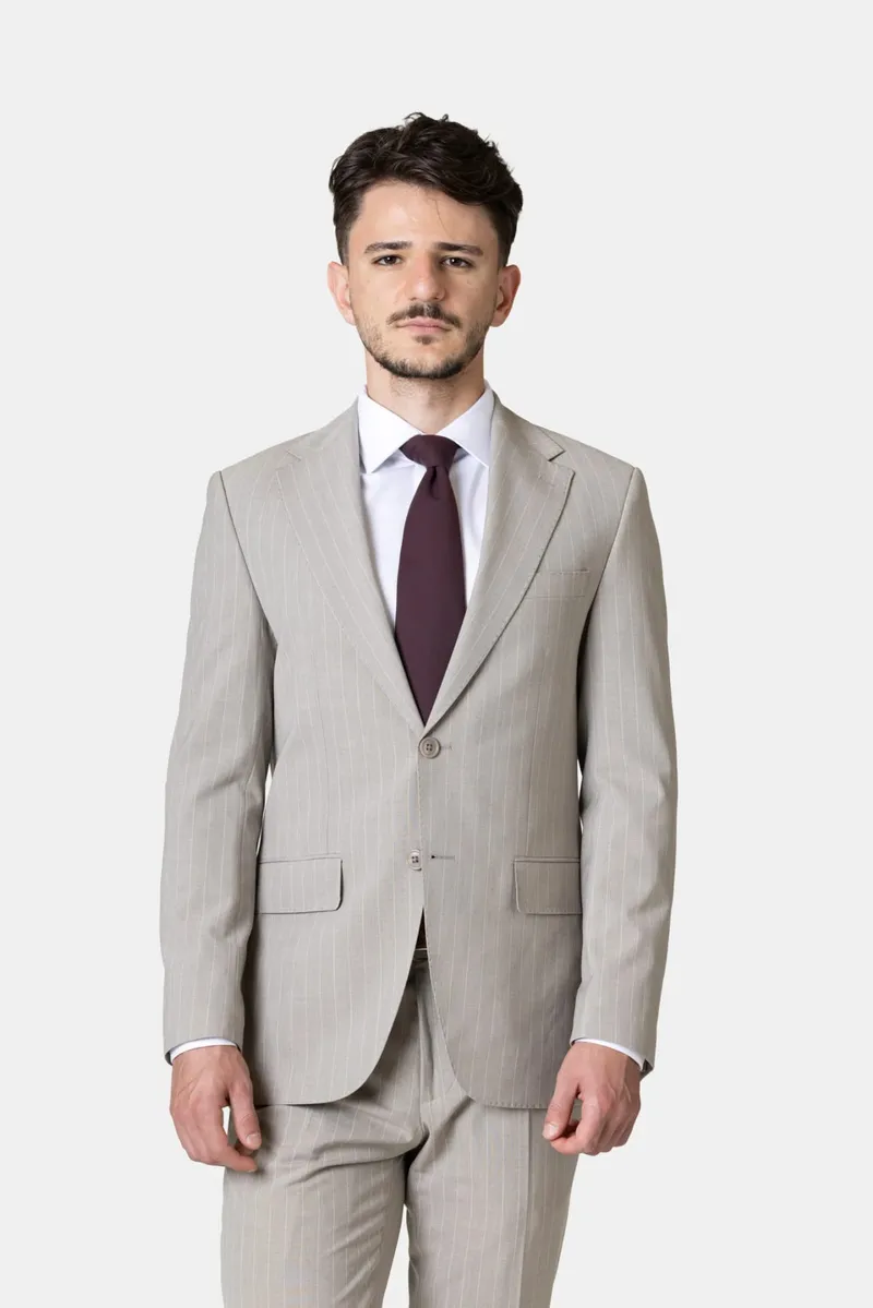 Costum Bej cu Dungi Fine din Lână 46 - imagine 2