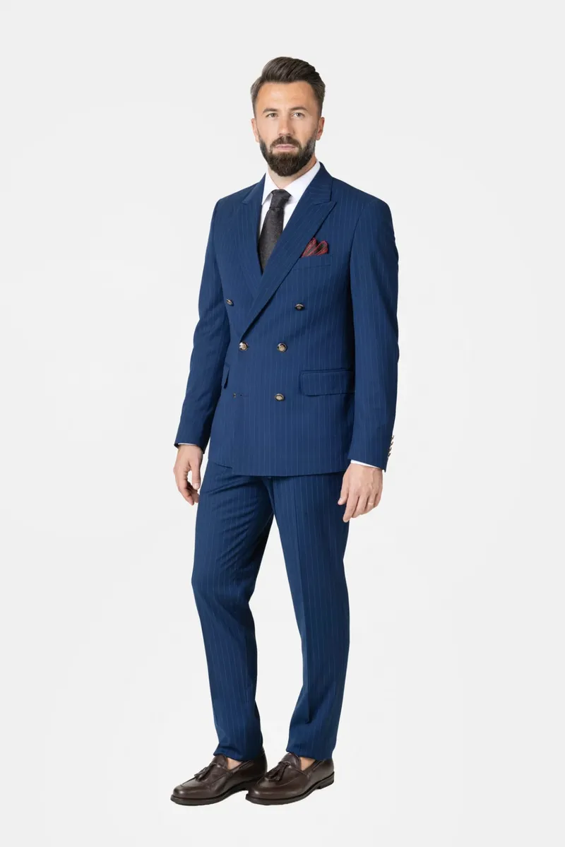 Costum Bleumarin în Dungi Double-Breasted din Lână 48 - imagine 2