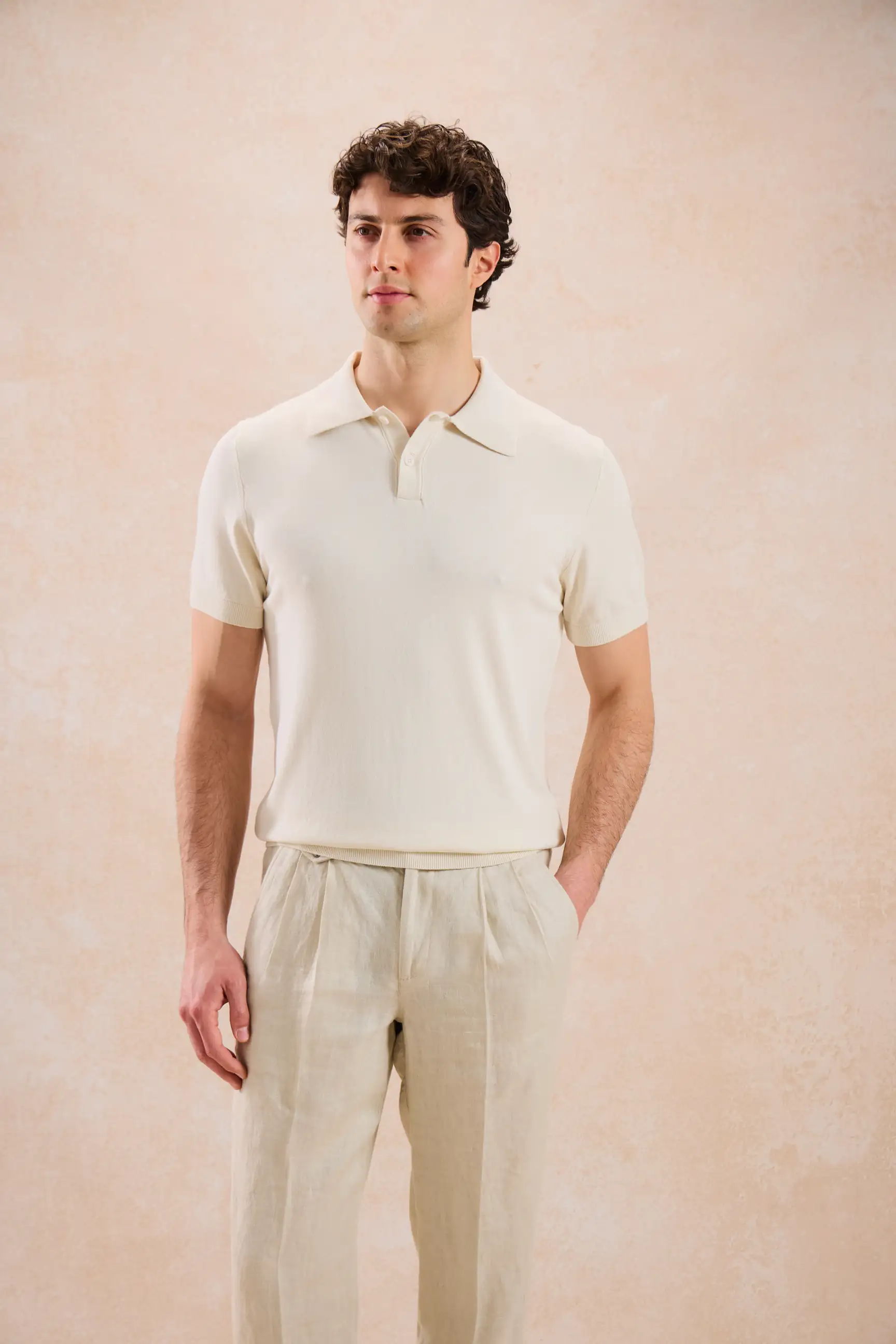 Tricou Polo Crem Tricotat din Amestec de Bumbac XL